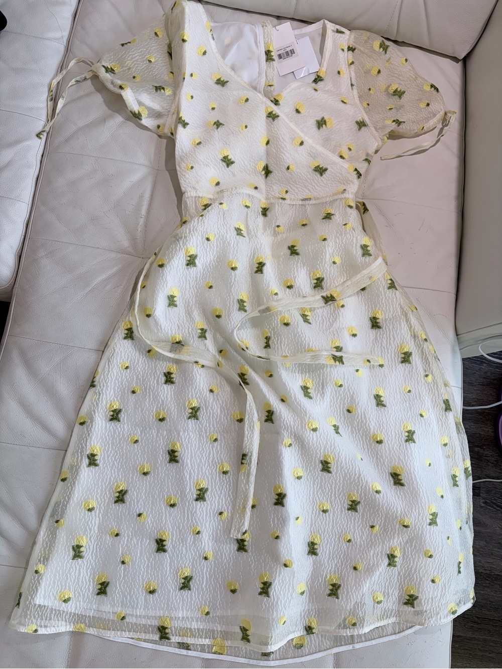 Petite Studio White Midi Wrap Dress with Yellow and Green Floral Dots